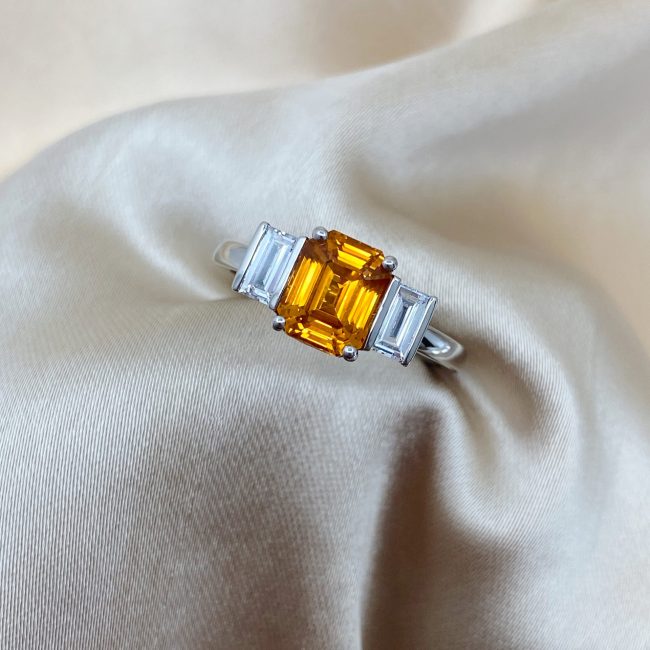 Orange sapphire baguette diamond platinum ring — Jasmine Nik
