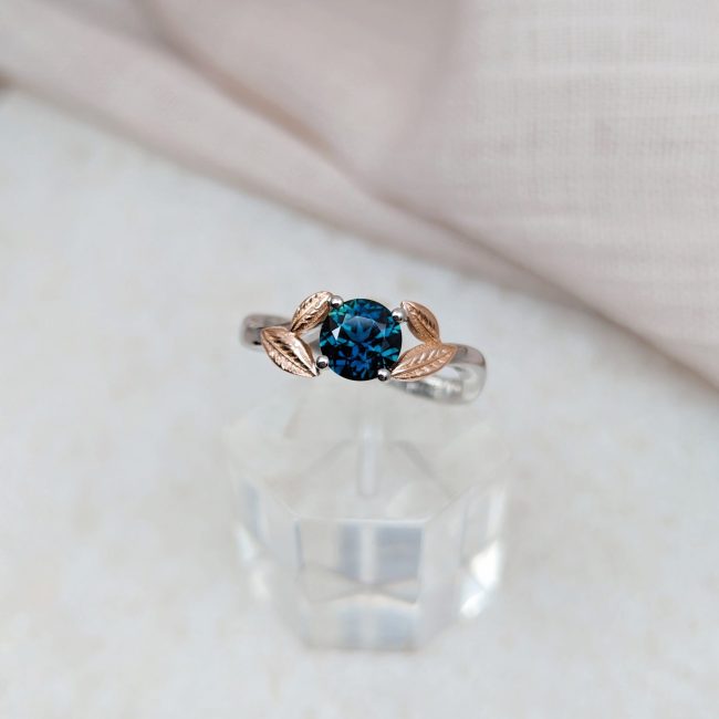 Sapphire platinum rose gold leaf ring — Emily Winkenwerder