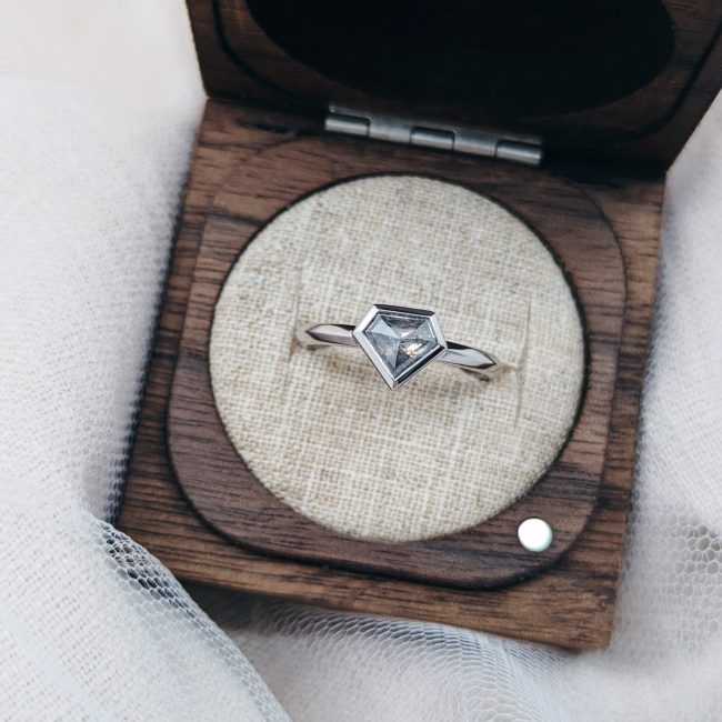 Shield cut salt and pepper diamond ring — Kelly & Chrissie